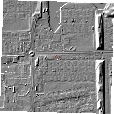 Shaded relief map of the ground around SE29TQ, computed from Environment Agency LiDAR. The ground here sits at about 1 m above sea level and falls 7 m across the surrounding 800 m. Surface water reaching this point runs off ground lying to the south-west, 1.0 m higher.