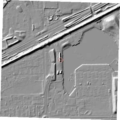 Shaded relief map of the ground around SE29TU, computed from Environment Agency LiDAR. The ground here sits at about 4 m above sea level and falls 8 m across the surrounding 800 m. Surface water reaching this point runs off ground lying to the north, 4.9 m higher.
