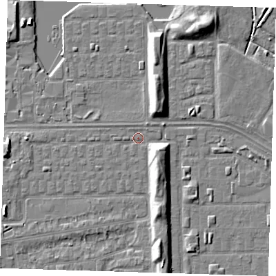 Shaded relief map of the ground around SE29TW, computed from Environment Agency LiDAR. The ground here sits at about 1 m above sea level and falls 7 m across the surrounding 800 m. Surface water reaching this point runs off ground lying to the south-east, 5.6 m higher.