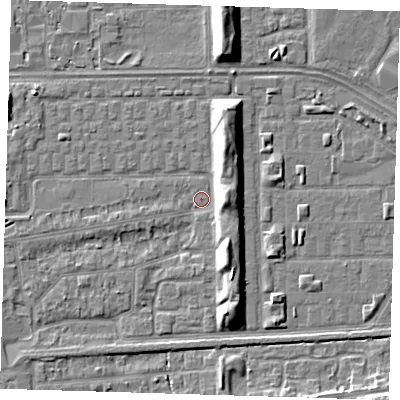 Shaded relief map of the ground around SE29UE, computed from Environment Agency LiDAR. The ground here sits at about 1 m above sea level and falls 7 m across the surrounding 800 m. Surface water reaching this point runs off ground lying to the east, 5.9 m higher.