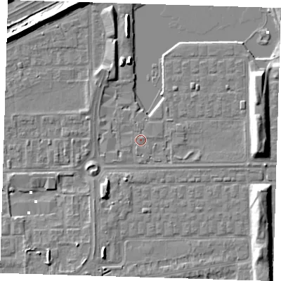 Shaded relief map of the ground around SE29UH, computed from Environment Agency LiDAR. The ground here sits at about 1 m above sea level and falls 7 m across the surrounding 800 m. Surface water reaching this point runs off ground lying to the east-north-east, 1.0 m higher.