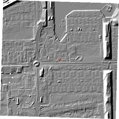 Shaded relief map of the ground around SE29UJ, computed from Environment Agency LiDAR. The ground here sits at about 1 m above sea level and falls 7 m across the surrounding 800 m. Surface water reaching this point runs off ground lying to the east, 1.5 m higher.