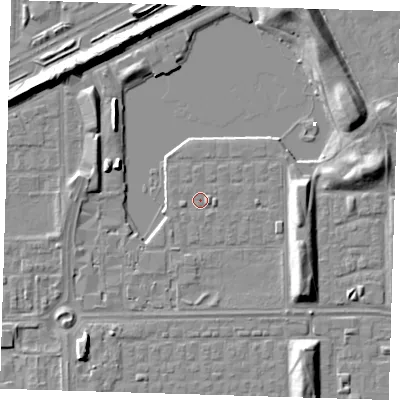 Shaded relief map of the ground around SE29UL, computed from Environment Agency LiDAR. The ground here sits at about 1 m above sea level and falls 8 m across the surrounding 800 m. Surface water reaching this point runs off ground lying to the south-east, 1.3 m higher.