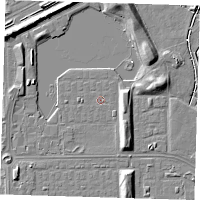 Shaded relief map of the ground around SE29UN, computed from Environment Agency LiDAR. The ground here sits at about 1 m above sea level and falls 8 m across the surrounding 800 m. Surface water reaching this point runs off ground lying to the south, 0.5 m higher.