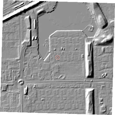 Shaded relief map of the ground around SE29UP, computed from Environment Agency LiDAR. The ground here sits at about 1 m above sea level and falls 8 m across the surrounding 800 m. Surface water reaching this point runs off ground lying to the south-east, 1.3 m higher.