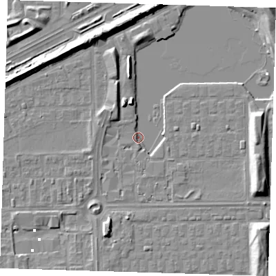 Shaded relief map of the ground around SE29UQ, computed from Environment Agency LiDAR. The ground here sits at about -0 m above sea level and falls 8 m across the surrounding 800 m. Surface water reaching this point runs off ground lying to the north-west, 4.1 m higher.
