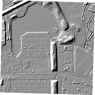 Shaded relief map of the ground around SE29UR, computed from Environment Agency LiDAR. The ground here sits at about 1 m above sea level and falls 8 m across the surrounding 800 m. Surface water reaching this point runs off ground lying to the south-south-east, 5.9 m higher.