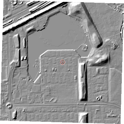Shaded relief map of the ground around SE29UT, computed from Environment Agency LiDAR. The ground here sits at about 1 m above sea level and falls 8 m across the surrounding 800 m. The ground contributing surface water to this point lies to the north.