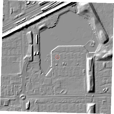 Shaded relief map of the ground around SE29UU, computed from Environment Agency LiDAR. The ground here sits at about 1 m above sea level and falls 8 m across the surrounding 800 m. The ground contributing surface water to this point lies to the south-west.