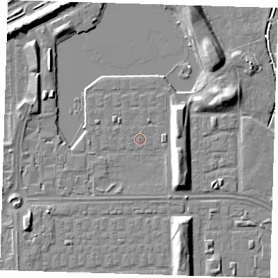 Shaded relief map of the ground around SE29UW, computed from Environment Agency LiDAR. The ground here sits at about 1 m above sea level and falls 8 m across the surrounding 800 m. Surface water reaching this point runs off ground lying to the south-south-east, 1.3 m higher.