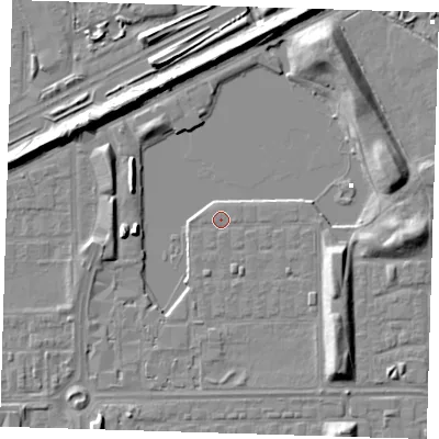 Shaded relief map of the ground around SE29UX, computed from Environment Agency LiDAR. The ground here sits at about 1 m above sea level and falls 8 m across the surrounding 800 m. Surface water reaching this point runs off ground lying to the east-north-east, 7.3 m higher.