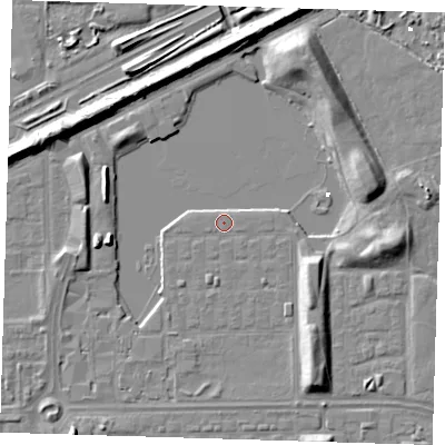 Shaded relief map of the ground around SE29UY, computed from Environment Agency LiDAR. The ground here sits at about 1 m above sea level and falls 8 m across the surrounding 800 m. Surface water reaching this point runs off ground lying to the east-north-east, 7.3 m higher.