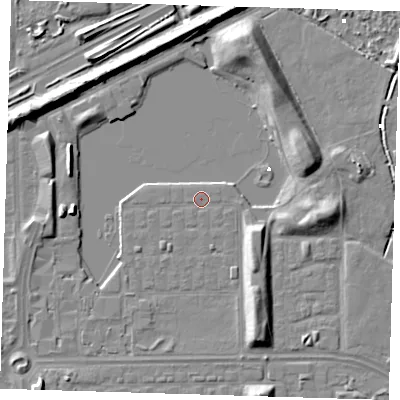 Shaded relief map of the ground around SE29UZ, computed from Environment Agency LiDAR. The ground here sits at about 1 m above sea level and falls 8 m across the surrounding 800 m. Surface water reaching this point runs off ground lying to the south-south-east, 6.0 m higher.