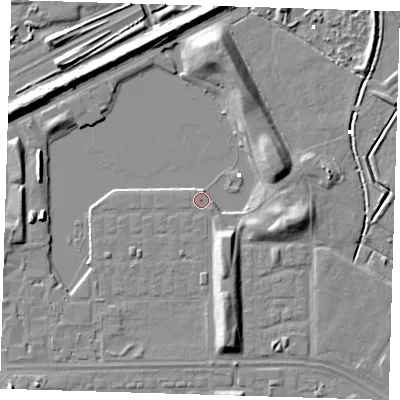 Shaded relief map of the ground around SE29XA, computed from Environment Agency LiDAR. The ground here sits at about 1 m above sea level and falls 8 m across the surrounding 800 m. Surface water reaching this point runs off ground lying to the south, 6.0 m higher.