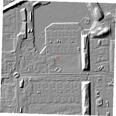 Shaded relief map of the ground around SE29XB, computed from Environment Agency LiDAR. The ground here sits at about 1 m above sea level and falls 7 m across the surrounding 800 m. Surface water reaching this point runs off ground lying to the south-east, 1.3 m higher.