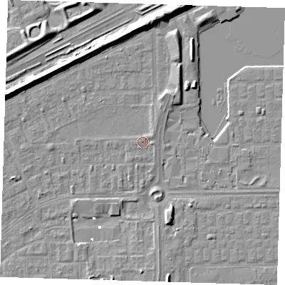 Shaded relief map of the ground around SE29XJ, computed from Environment Agency LiDAR. The ground here sits at about 1 m above sea level and falls 8 m across the surrounding 800 m. Surface water reaching this point runs off ground lying to the west, 0.6 m higher.