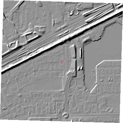 Shaded relief map of the ground around SE29XL, computed from Environment Agency LiDAR. The ground here sits at about 1 m above sea level and falls 9 m across the surrounding 800 m. Surface water reaching this point runs off ground lying to the north-north-west, 0.6 m higher.