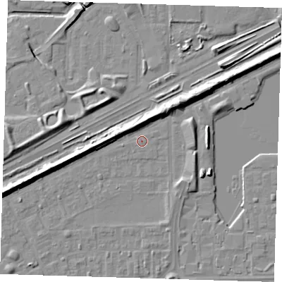 Shaded relief map of the ground around SE29XN, computed from Environment Agency LiDAR. The ground here sits at about 1 m above sea level and falls 9 m across the surrounding 800 m. Surface water reaching this point runs off ground lying to the north-north-east, 5.5 m higher.