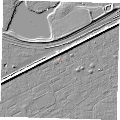 Shaded relief map of the ground around SE29XP, computed from Environment Agency LiDAR. The ground here sits at about 2 m above sea level and falls 7 m across the surrounding 800 m. Surface water reaching this point runs off ground lying to the north-north-west, 5.7 m higher.