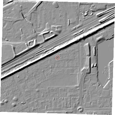 Shaded relief map of the ground around SE29XW, computed from Environment Agency LiDAR. The ground here sits at about 1 m above sea level and falls 9 m across the surrounding 800 m. Surface water reaching this point runs off ground lying to the north-east, 0.8 m higher.