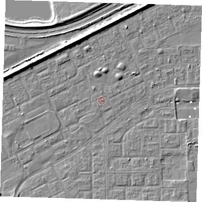 Shaded relief map of the ground around SE29XX, computed from Environment Agency LiDAR. The ground here sits at about 1 m above sea level and falls 8 m across the surrounding 800 m. The ground contributing surface water to this point lies to the east-north-east.
