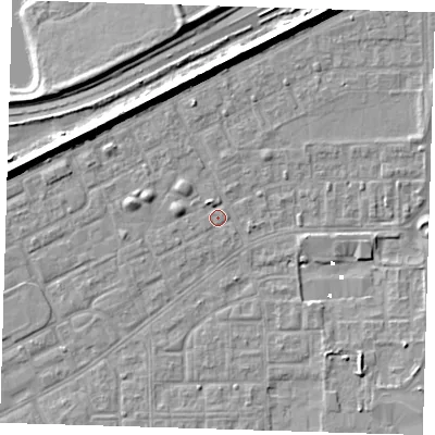 Shaded relief map of the ground around SE29YA, computed from Environment Agency LiDAR. The ground here sits at about 1 m above sea level and falls 8 m across the surrounding 800 m. Surface water reaching this point runs off ground lying to the west, 2.0 m higher.