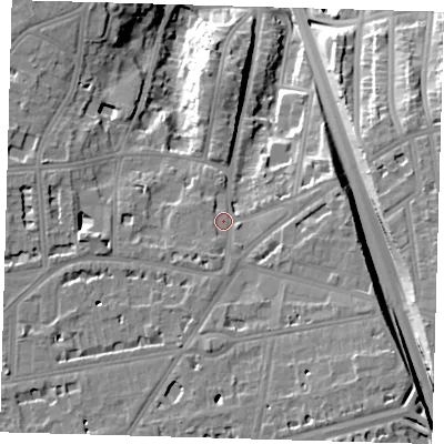 Shaded relief map of the ground around SE37DH, computed from Environment Agency LiDAR. The ground here sits at about 39 m above sea level and falls 34 m across the surrounding 800 m. Surface water reaching this point runs off ground lying to the south, 4.9 m higher.