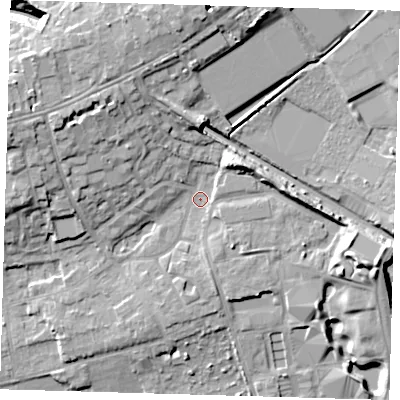Shaded relief map of the ground around SE39AD, computed from Environment Agency LiDAR. The ground here sits at about 27 m above sea level and falls 17 m across the surrounding 800 m. Surface water reaching this point runs off ground lying to the north-north-west, 8.9 m higher.