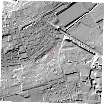 Shaded relief map of the ground around SE39AG, computed from Environment Agency LiDAR. The ground here sits at about 26 m above sea level and falls 17 m across the surrounding 800 m. Surface water reaching this point runs off ground lying to the north-north-west, 9.1 m higher.