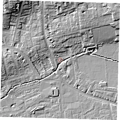 Shaded relief map of the ground around SE39AT, computed from Environment Agency LiDAR. The ground here sits at about 16 m above sea level and falls 16 m across the surrounding 800 m. Surface water reaching this point runs off ground lying to the north, 10.5 m higher.
