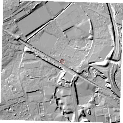 Shaded relief map of the ground around SE39BY, computed from Environment Agency LiDAR. The ground here sits at about 29 m above sea level and falls 19 m across the surrounding 800 m. Surface water reaching this point runs off ground lying to the east, 12.4 m higher.