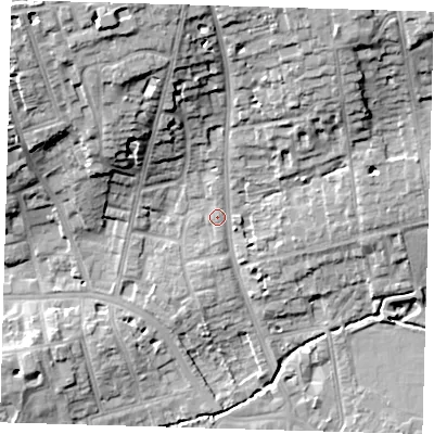 Shaded relief map of the ground around SE39DA, computed from Environment Agency LiDAR. The ground here sits at about 20 m above sea level and falls 21 m across the surrounding 800 m. Surface water reaching this point runs off ground lying to the north-north-east, 14.3 m higher.