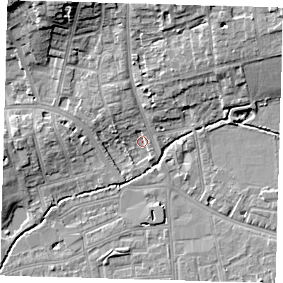 Shaded relief map of the ground around SE39DE, computed from Environment Agency LiDAR. The ground here sits at about 16 m above sea level and falls 16 m across the surrounding 800 m. Surface water reaching this point runs off ground lying to the north-north-west, 4.7 m higher.