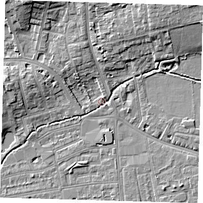 Shaded relief map of the ground around SE39DG, computed from Environment Agency LiDAR. The ground here sits at about 16 m above sea level and falls 14 m across the surrounding 800 m. Surface water reaching this point runs off ground lying to the north-east, 9.5 m higher.