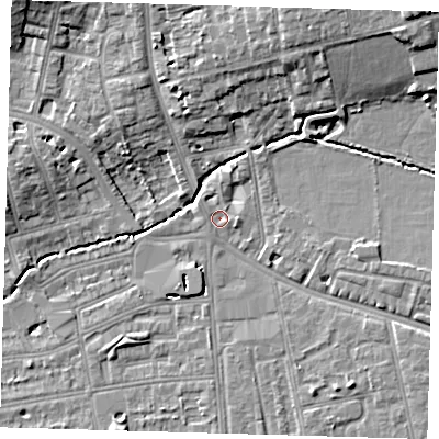 Shaded relief map of the ground around SE39DJ, computed from Environment Agency LiDAR. The ground here sits at about 16 m above sea level and falls 12 m across the surrounding 800 m. Surface water reaching this point runs off ground lying to the south-east, 3.4 m higher.