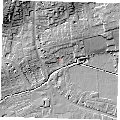 Shaded relief map of the ground around SE39DP, computed from Environment Agency LiDAR. The ground here sits at about 16 m above sea level and falls 17 m across the surrounding 800 m. Surface water reaching this point runs off ground lying to the north, 13.8 m higher.