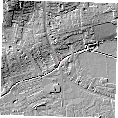 Shaded relief map of the ground around SE39DS, computed from Environment Agency LiDAR. The ground here sits at about 16 m above sea level and falls 16 m across the surrounding 800 m. Surface water reaching this point runs off ground lying to the north-east, 11.5 m higher.