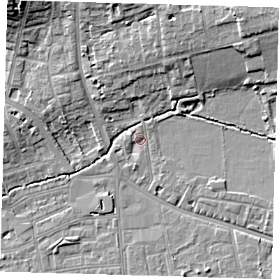 Shaded relief map of the ground around SE39DU, computed from Environment Agency LiDAR. The ground here sits at about 17 m above sea level and falls 14 m across the surrounding 800 m. Surface water reaching this point runs off ground lying to the north-east, 11.5 m higher.