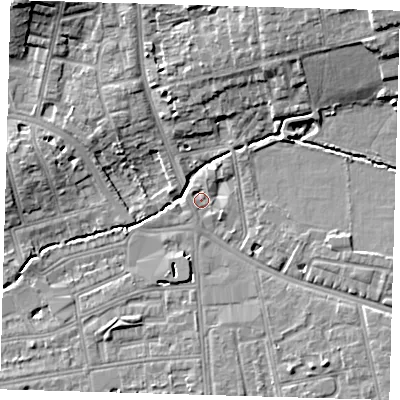 Shaded relief map of the ground around SE39DW, computed from Environment Agency LiDAR. The ground here sits at about 17 m above sea level and falls 13 m across the surrounding 800 m. Surface water reaching this point runs off ground lying to the north-east, 10.8 m higher.