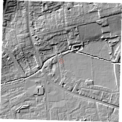 Shaded relief map of the ground around SE39DY, computed from Environment Agency LiDAR. The ground here sits at about 17 m above sea level and falls 13 m across the surrounding 800 m. Surface water reaching this point runs off ground lying to the north, 0.8 m higher.
