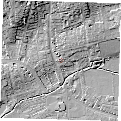 Shaded relief map of the ground around SE39DZ, computed from Environment Agency LiDAR. The ground here sits at about 19 m above sea level and falls 19 m across the surrounding 800 m. Surface water reaching this point runs off ground lying to the north-east, 1.9 m higher.