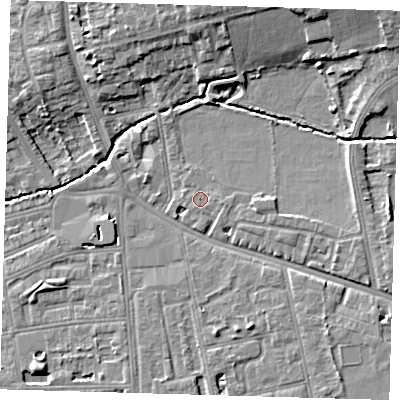 Shaded relief map of the ground around SE39ED, computed from Environment Agency LiDAR. The ground here sits at about 17 m above sea level and falls 10 m across the surrounding 800 m. Surface water reaching this point runs off ground lying to the east, 0.7 m higher.