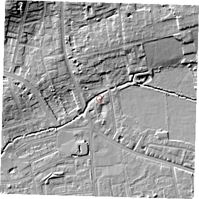 Shaded relief map of the ground around SE39GB, computed from Environment Agency LiDAR. The ground here sits at about 17 m above sea level and falls 15 m across the surrounding 800 m. Surface water reaching this point runs off ground lying to the north-east, 11.4 m higher.