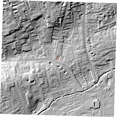 Shaded relief map of the ground around SE39HH, computed from Environment Agency LiDAR. The ground here sits at about 17 m above sea level and falls 20 m across the surrounding 800 m. Surface water reaching this point runs off ground lying to the north, 14.8 m higher.