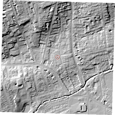 Shaded relief map of the ground around SE39HL, computed from Environment Agency LiDAR. The ground here sits at about 19 m above sea level and falls 20 m across the surrounding 800 m. Surface water reaching this point runs off ground lying to the east, 1.1 m higher.