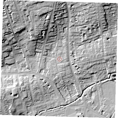 Shaded relief map of the ground around SE39HP, computed from Environment Agency LiDAR. The ground here sits at about 19 m above sea level and falls 20 m across the surrounding 800 m. Surface water reaching this point runs off ground lying to the south-east, 1.4 m higher.
