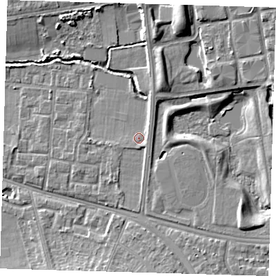 Shaded relief map of the ground around SE39NF, computed from Environment Agency LiDAR. The ground here sits at about 21 m above sea level and falls 10 m across the surrounding 800 m. Surface water reaching this point runs off ground lying to the north-north-east, 2.0 m higher.