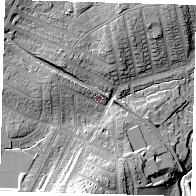 Shaded relief map of the ground around SE41AB, computed from Environment Agency LiDAR. The ground here sits at about 22 m above sea level and falls 30 m across the surrounding 800 m. Surface water reaching this point runs off ground lying to the north-west, 9.8 m higher.