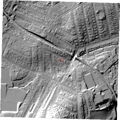 Shaded relief map of the ground around SE41AD, computed from Environment Agency LiDAR. The ground here sits at about 24 m above sea level and falls 34 m across the surrounding 800 m. Surface water reaching this point runs off ground lying to the north-west, 7.3 m higher.