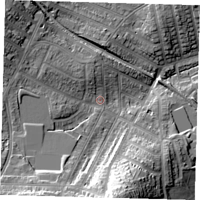 Shaded relief map of the ground around SE41AE, computed from Environment Agency LiDAR. The ground here sits at about 24 m above sea level and falls 34 m across the surrounding 800 m. Surface water reaching this point runs off ground lying to the south-south-west, 15.3 m higher.